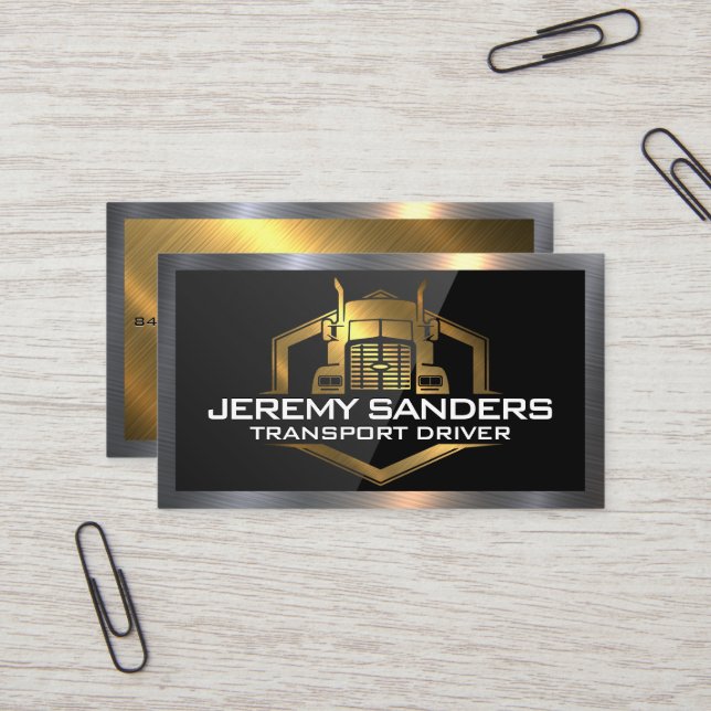 Gold Metal Truck Logo | High Gloss Black Business Card (Front/Back In Situ)