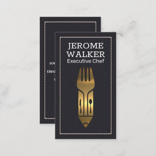 Gold Metal Utensils  Leather Stitched Business Card