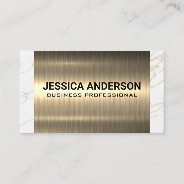 Gold Metal | White Marble Trim Business Card (Front)