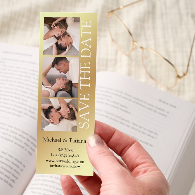gold metallic 3 photo strip save the date wedding bookmarks (Hand)