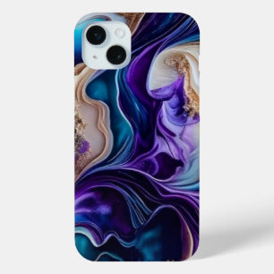 Gold Metallic Accents on Teal and Purple Swirls  iPhone 15 Plus Case