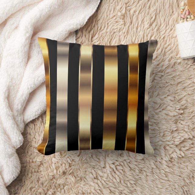 Gold Metallic and Black Stripes Throw Pillow (Blanket)