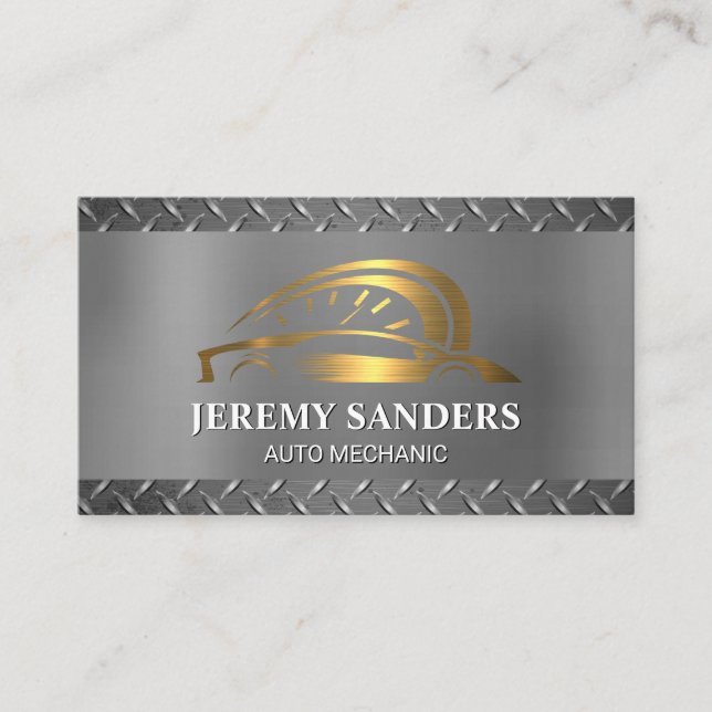 Gold Metallic Auto Logo | Steel Background Business Card (Front)