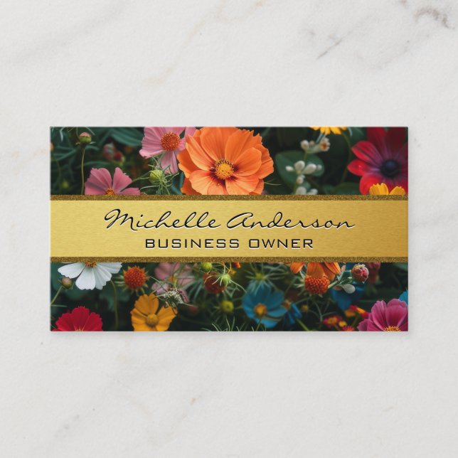 Gold Metallic Band | Colorful Flowers Business Card (Front)