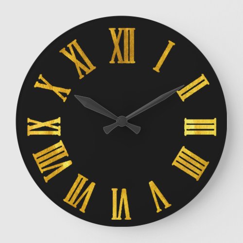 Gold Metallic Black Minimal Roman Numbers Large Clock