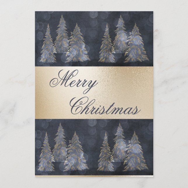Gold Metallic Blue Elegant Pine Merry Christmas Holiday Card (Front)