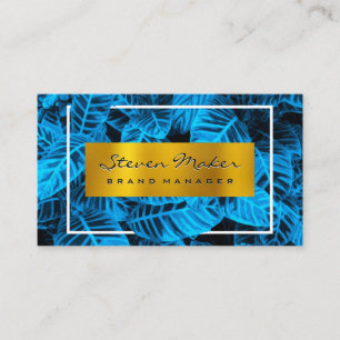 Gold Metallic Blue Tropical Leaves Business Card
