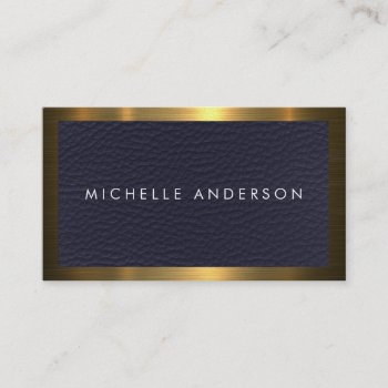 Gold Metallic Border | Blue Leather Texture Business Card by lovely_businesscards at Zazzle