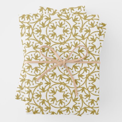 Gold Metallic Christmas Stars Pattern Yellow Wrapping Paper Sheets