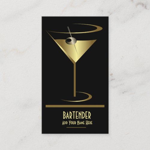 Gold Metallic Cocktail Logo Bartender Business Card