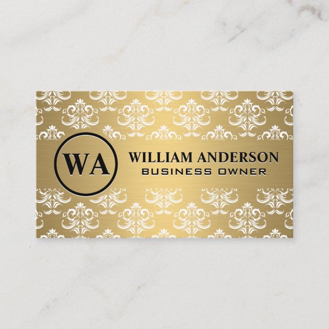 Gold Metallic | Damask Pattern | Monogram Discount Card (Front)