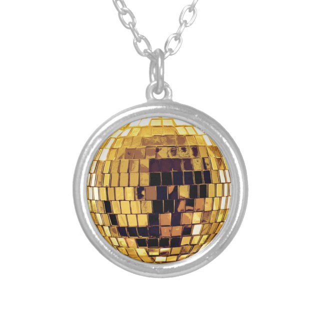 Gold Metallic Disco Ball Silver Plated Necklace (Front)