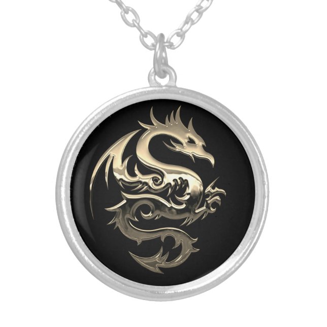 Gold Metallic Dragon  Silver Plated Necklace (Front)