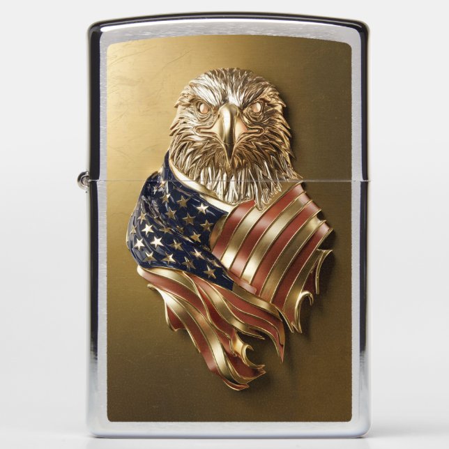 Gold Metallic Eagle Head with American Flag #1 Zippo Lighter (Front)