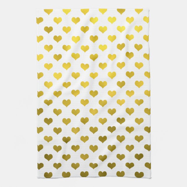 Gold Metallic Faux Foil Hearts Polka Dot Heart Kitchen Towel (Vertical)
