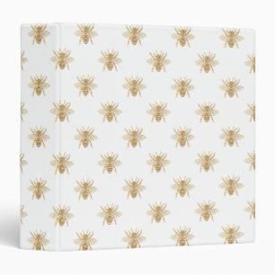Gold Metallic Faux Foil Photo-Effect Bees on White 3 Ring Binder