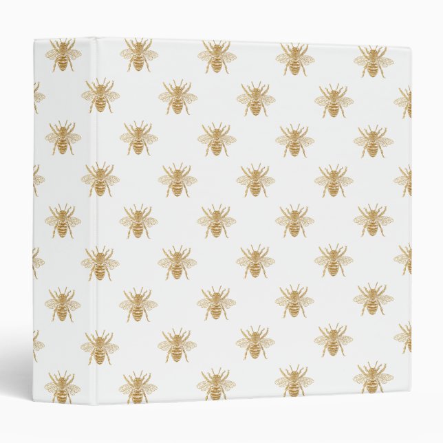 Gold Metallic Faux Foil Photo-Effect Bees on White 3 Ring Binder (Front/Spine)
