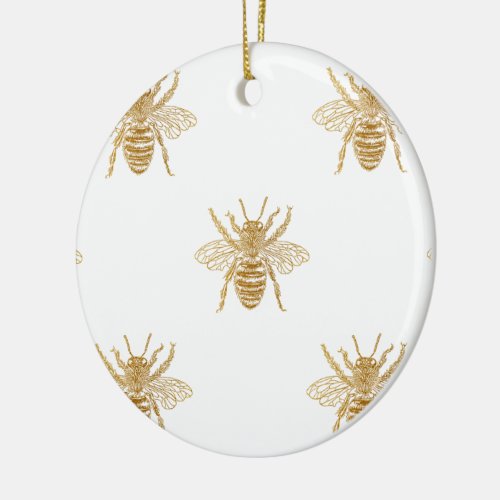 Gold Metallic Faux Foil Photo_Effect Bees on White Ceramic Ornament