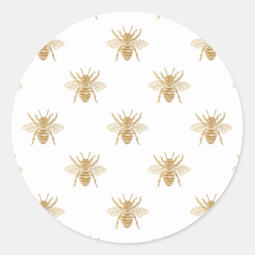 Gold Metallic Faux Foil Photo_Effect Bees on White Classic Round Sticker