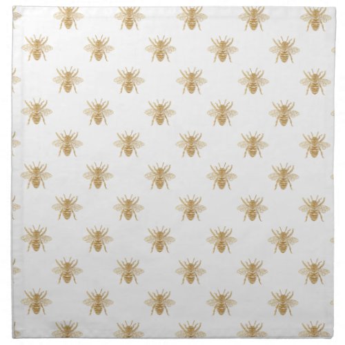 Gold Metallic Faux Foil Photo_Effect Bees on White Cloth Napkin