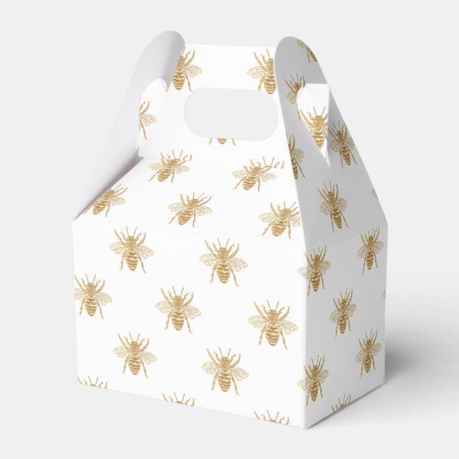 Gold Metallic Faux Foil Photo-Effect Bees on White Favor Boxes (Front Side)