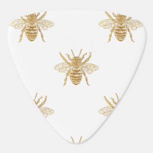 Gold Metallic Faux Foil Photo-Effect Bees on White Guitar Pick