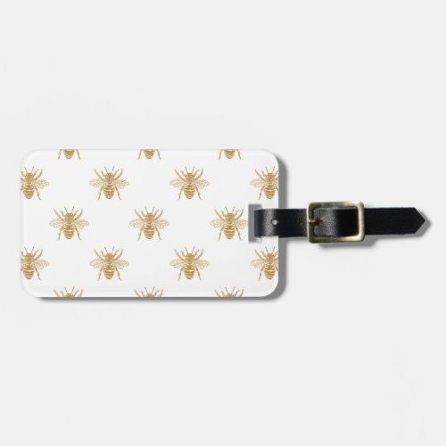 Gold Metallic Faux Foil Photo_Effect Bees on White Luggage Tag