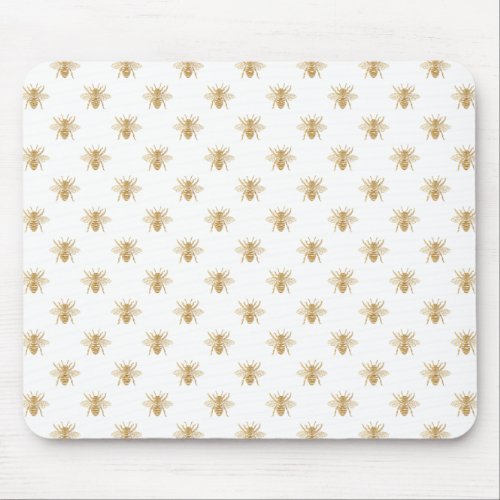 Gold Metallic Faux Foil Photo_Effect Bees on White Mouse Pad