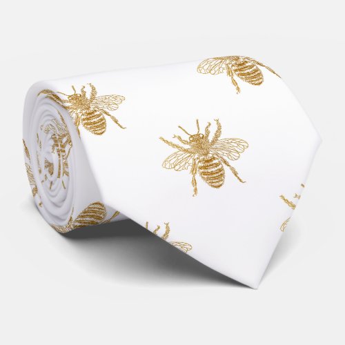 Gold Metallic Faux Foil Photo_Effect Bees on White Neck Tie