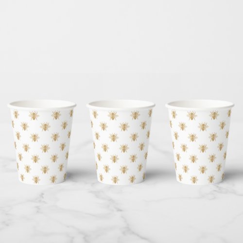 Gold Metallic Faux Foil Photo_Effect Bees on White Paper Cups