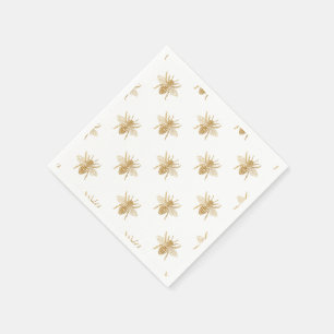 Gold Metallic Faux Foil Photo-Effect Bees on White Paper Napkins