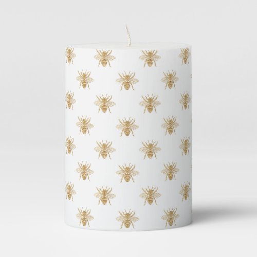 Gold Metallic Faux Foil Photo_Effect Bees on White Pillar Candle