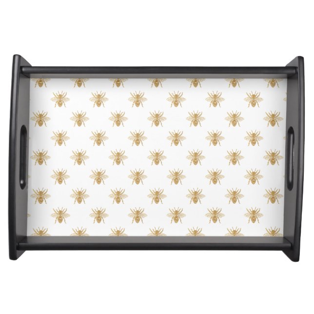 Gold Metallic Faux Foil Photo-Effect Bees on White Serving Tray (Front)