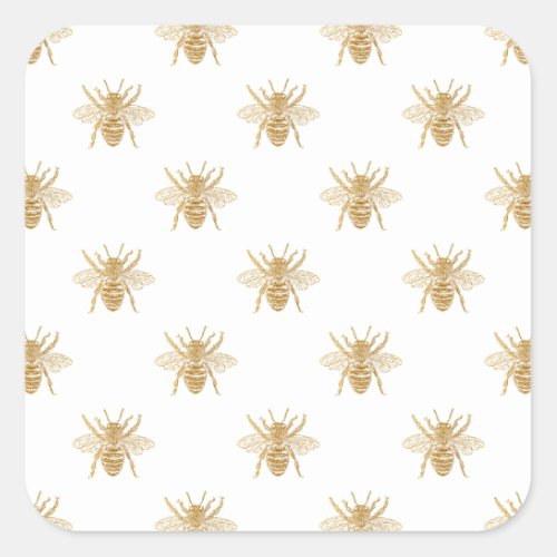 Gold Metallic Faux Foil Photo_Effect Bees on White Square Sticker