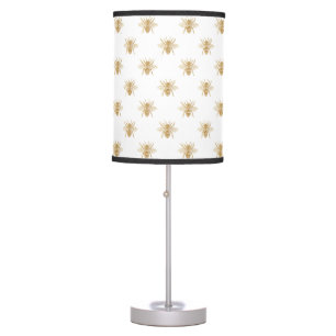 Gold Metallic Faux Foil Photo-Effect Bees on White Table Lamp