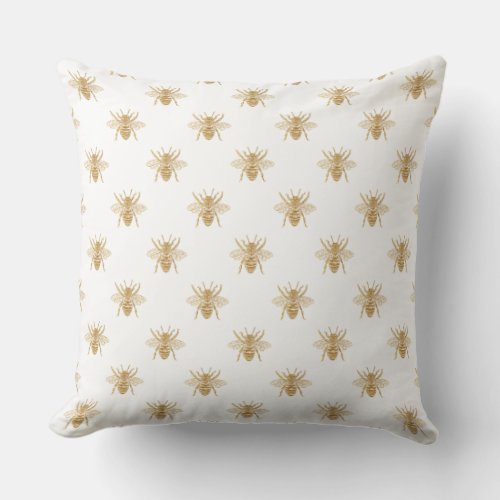 Gold Metallic Faux Foil Photo_Effect Bees on White Throw Pillow