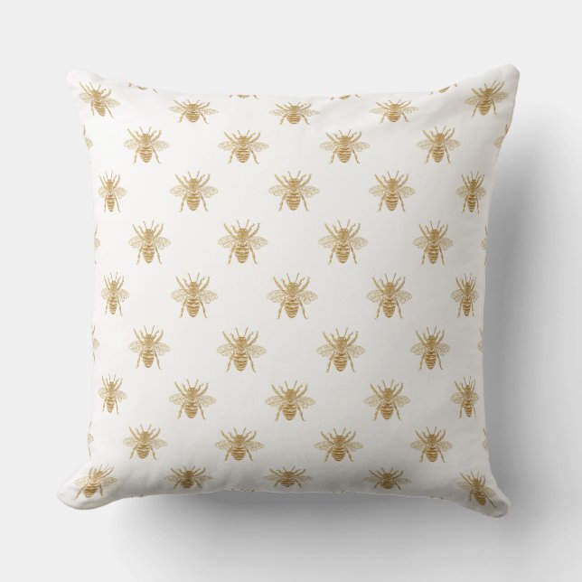 Gold Metallic Faux Foil Photo-Effect Bees on White Throw Pillow (Front)