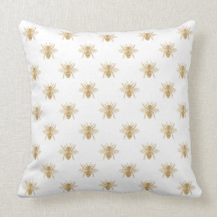Gold Metallic Faux Foil Photo-Effect Bees on White Throw Pillow