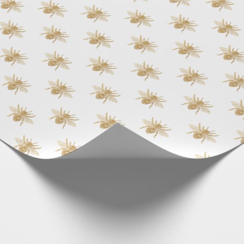 Gold Metallic Faux Foil Photo_Effect Bees on White Wrapping Paper