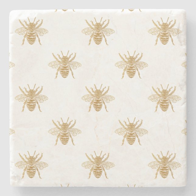 Gold Metallic Faux Foil Photo-Effect Bees Stone Coaster (Front)