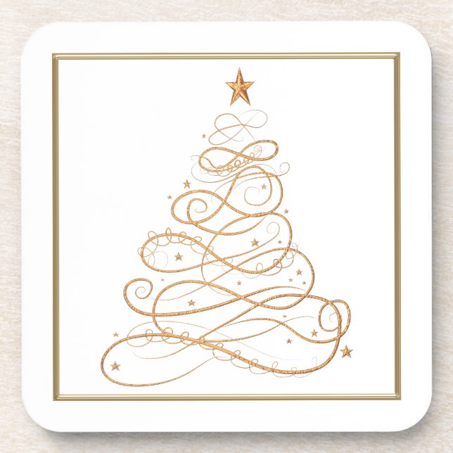 Gold Metallic Filigree Christmas Tree Drink Coaster (Front)