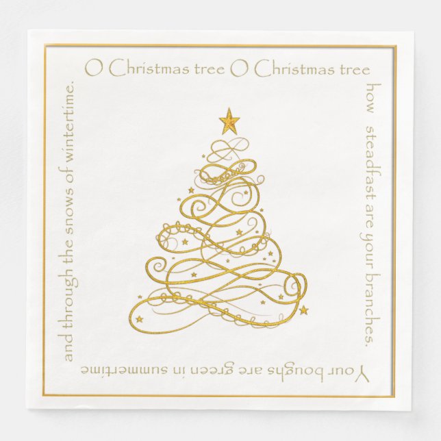 Gold Metallic Filigree "O Christmas Tree" Lyrics Paper Dinner Napkins (Front)
