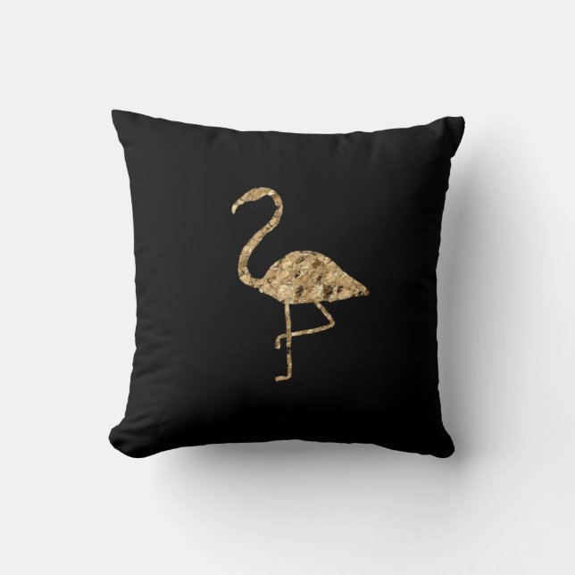 Gold Metallic Flamingo on Black Throw Pillow (Front)