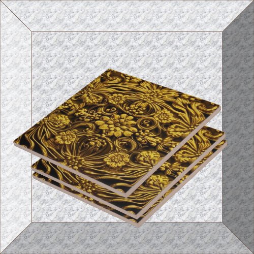 Gold Metallic Floral 3_D Carving Ceramic Tile