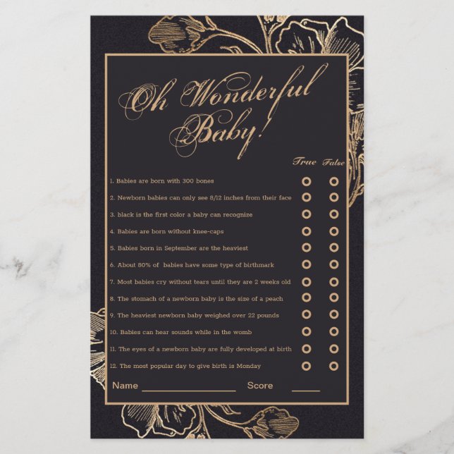 Gold Metallic Floral Arrangement Bridal Showe Game (Front)