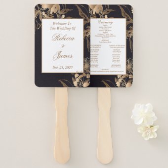 Gold Metallic Floral Arrangement Wedding Program Hand Fan | Zazzle