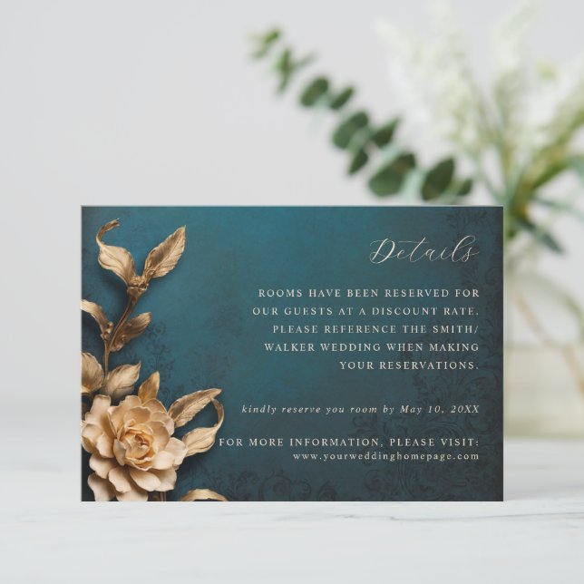 Gold metallic flowers wedding details card (Standing Front)