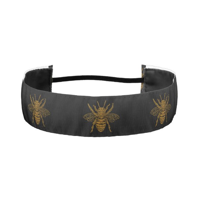 Gold Metallic Foil Bees on Black Athletic Headband (Front)