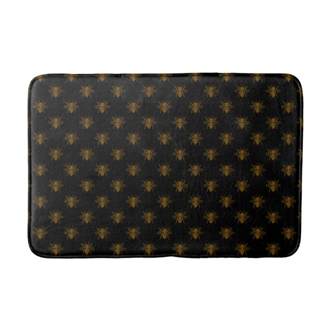 Gold Metallic Foil Bees on Black Bathroom Mat (Front)