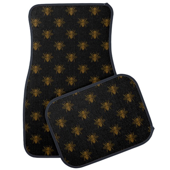 Gold Metallic Foil Bees on Black Car Mat (Set)